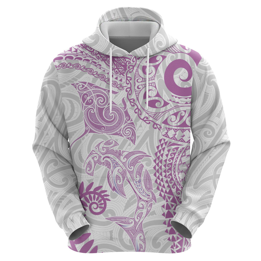 Aotearoa Maori Sea Animals Tribal Hoodie Manta Ray and Shark Moko Pattern Pink Color LT03 - Polynesian Pride