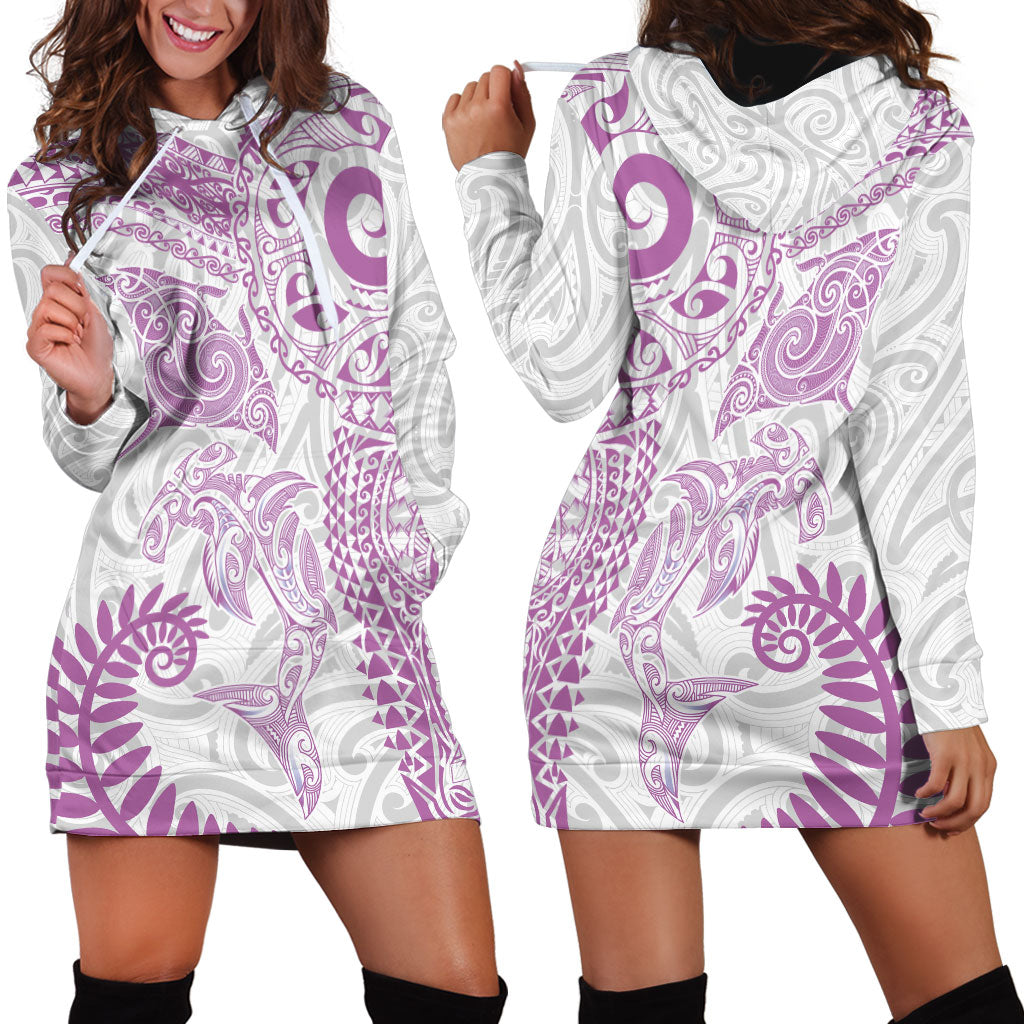 Aotearoa Maori Sea Animals Tribal Hoodie Dress Manta Ray and Shark Moko Pattern Pink Color LT03 - Polynesian Pride