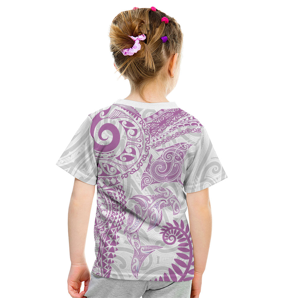 Aotearoa Maori Sea Animals Tribal Kid T Shirt Manta Ray and Shark Moko Pattern Pink Color LT03 - Polynesian Pride