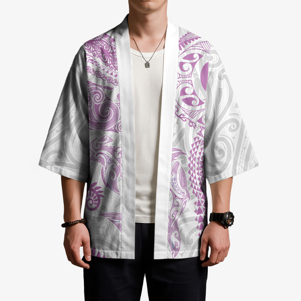Aotearoa Maori Sea Animals Tribal Kimono Manta Ray and Shark Moko Pattern Pink Color