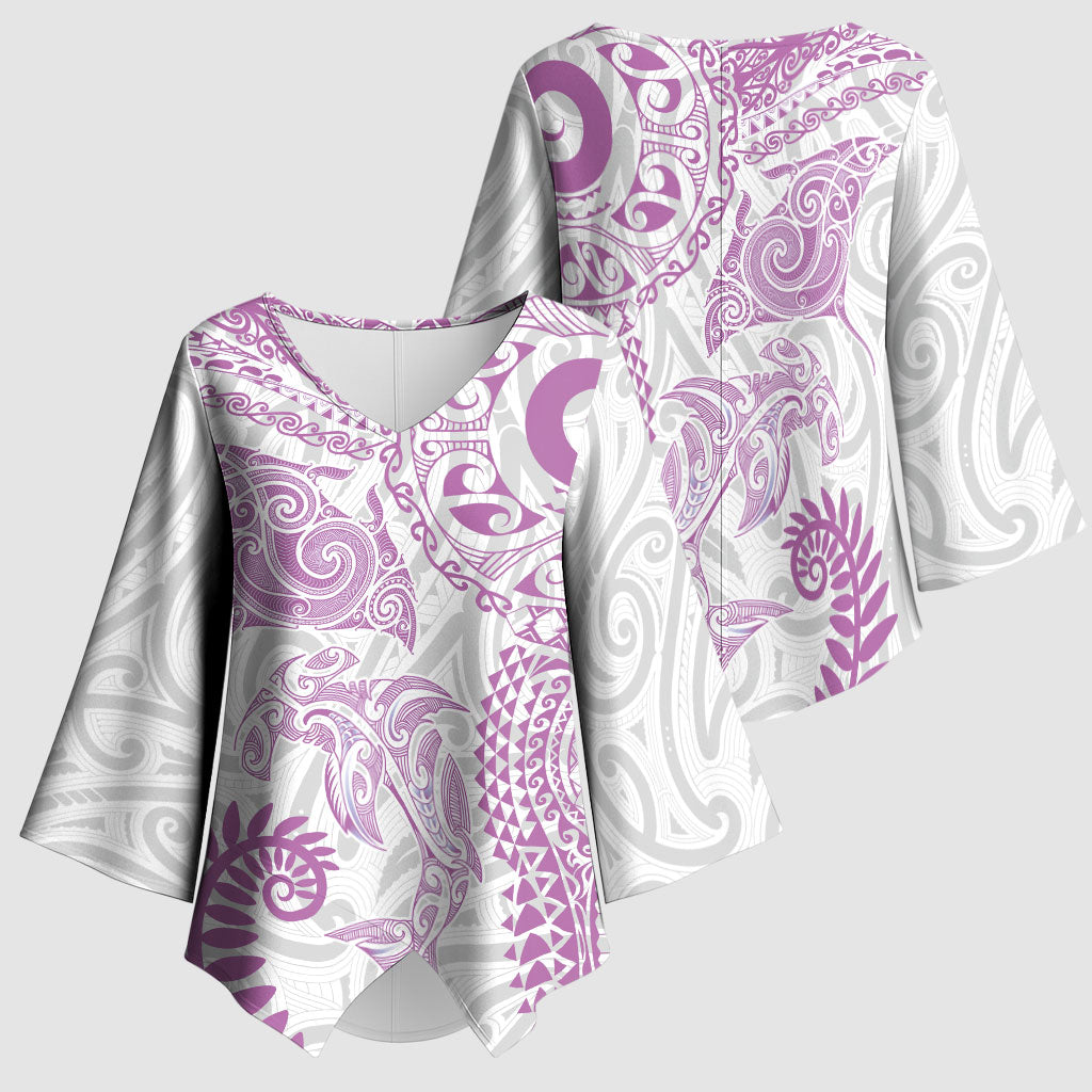 Aotearoa Maori Sea Animals Tribal Kimono Sleeve Blouse Manta Ray and Shark Moko Pattern Pink Color LT03 - Polynesian Pride