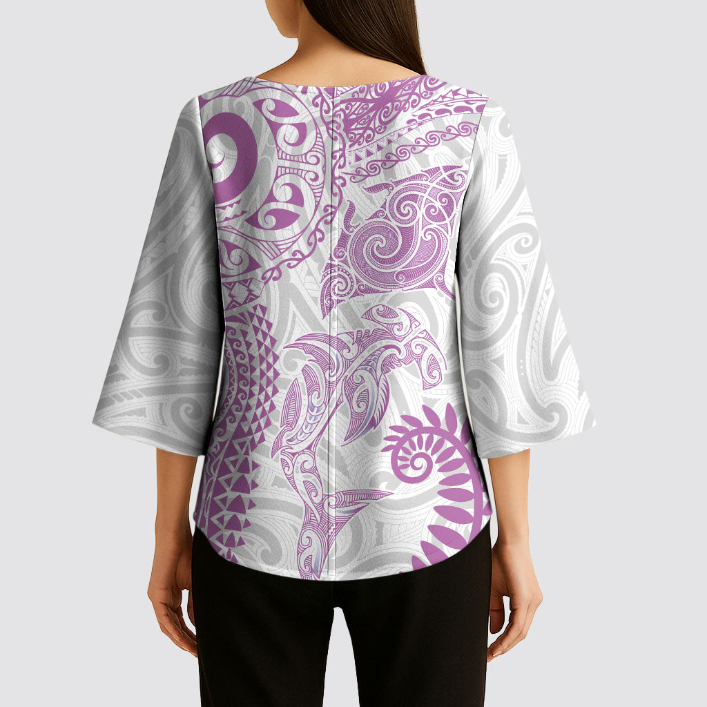 Aotearoa Maori Sea Animals Tribal Kimono Sleeve Blouse Manta Ray and Shark Moko Pattern Pink Color LT03 - Polynesian Pride