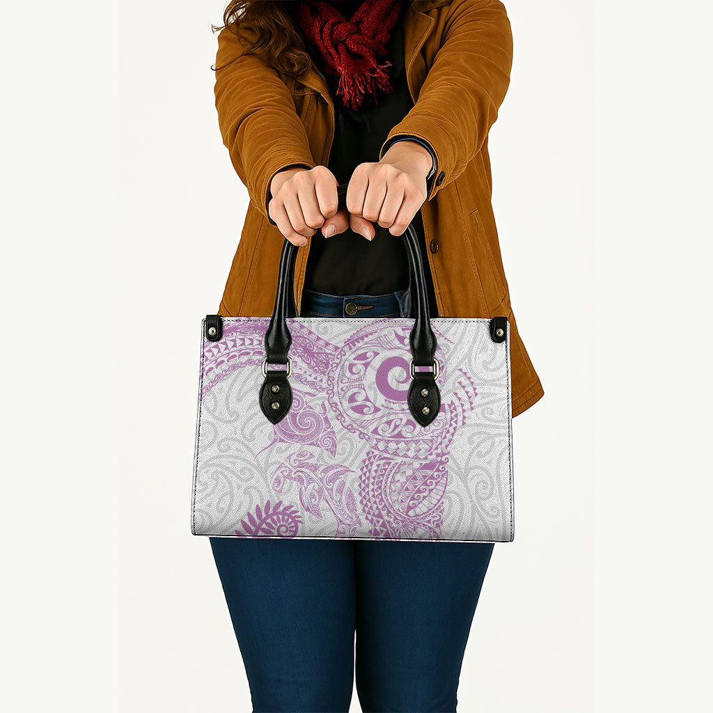 Aotearoa Maori Sea Animals Tribal Leather Bag Manta Ray and Shark Moko Pattern Pink Color