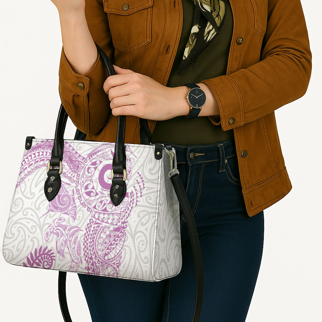 Aotearoa Maori Sea Animals Tribal Leather Bag Manta Ray and Shark Moko Pattern Pink Color