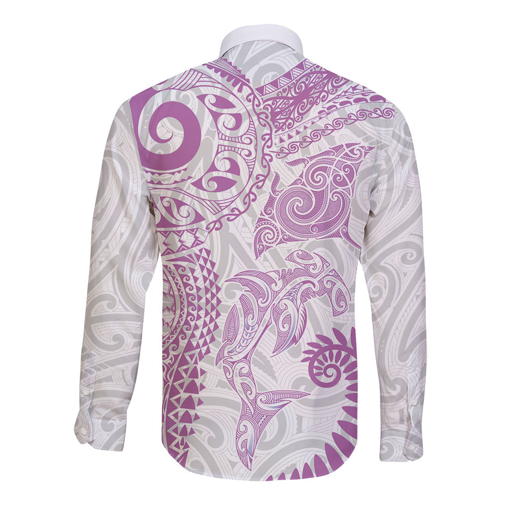 Aotearoa Maori Sea Animals Tribal Long Sleeve Button Shirt Manta Ray and Shark Moko Pattern Pink Color LT03 - Polynesian Pride