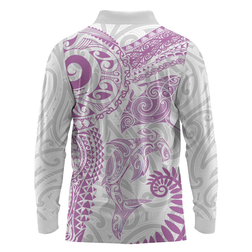Aotearoa Maori Sea Animals Tribal Long Sleeve Polo Shirt Manta Ray and Shark Moko Pattern Pink Color LT03 - Polynesian Pride