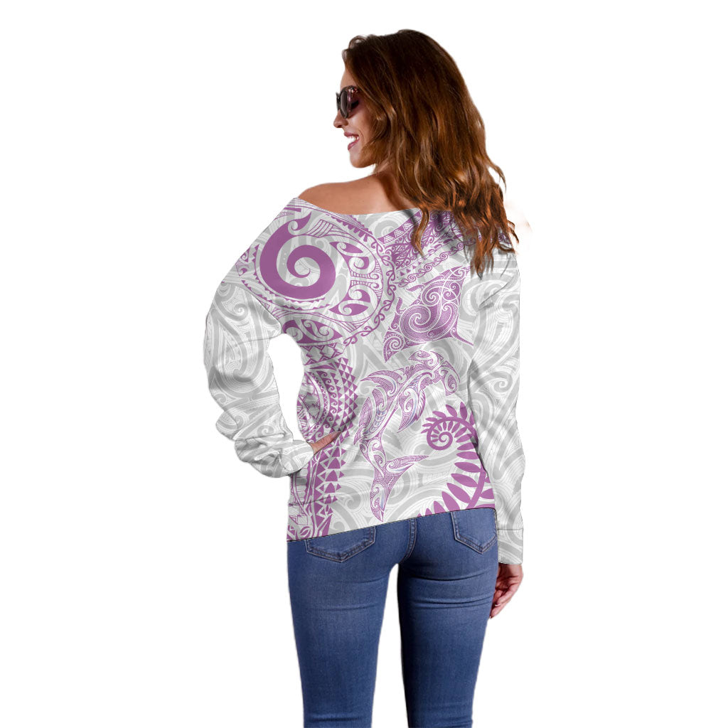Aotearoa Maori Sea Animals Tribal Off Shoulder Sweater Manta Ray and Shark Moko Pattern Pink Color LT03 - Polynesian Pride