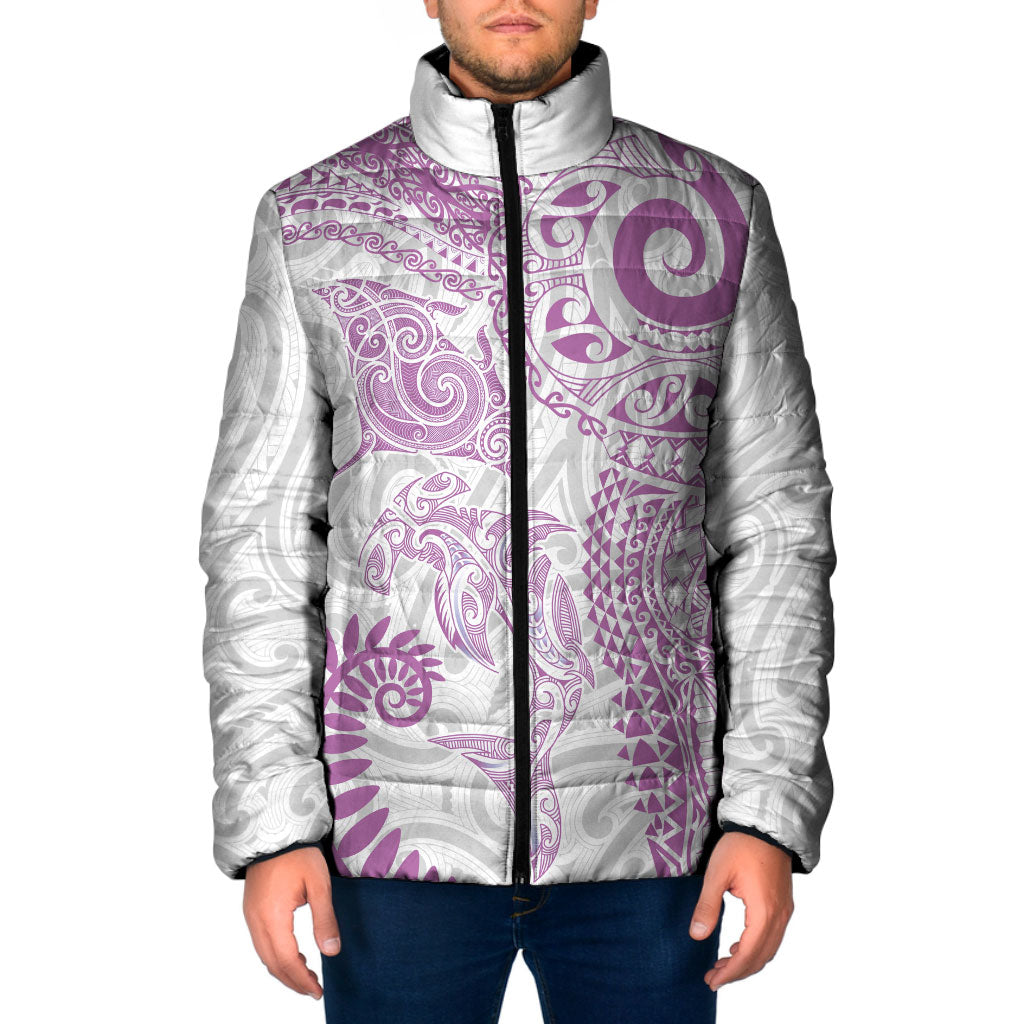 Aotearoa Maori Sea Animals Tribal Padded Jacket Manta Ray and Shark Moko Pattern Pink Color LT03 Men Pink - Polynesian Pride