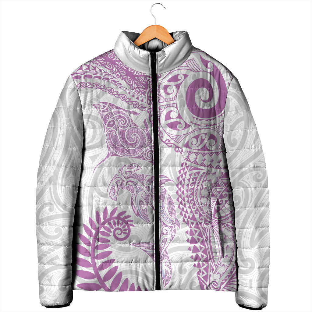 Aotearoa Maori Sea Animals Tribal Padded Jacket Manta Ray and Shark Moko Pattern Pink Color