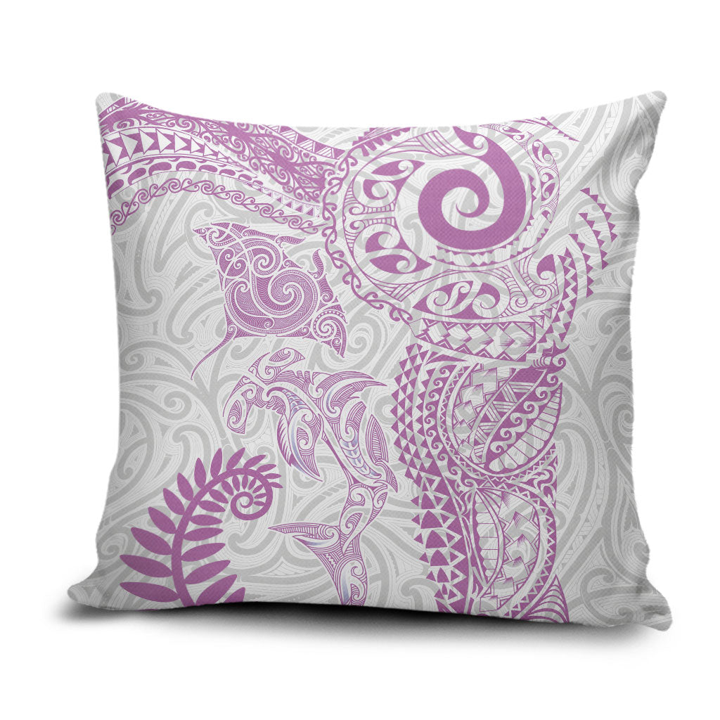 Aotearoa Maori Sea Animals Tribal Pillow Cover Manta Ray and Shark Moko Pattern Pink Color LT03 Pink - Polynesian Pride