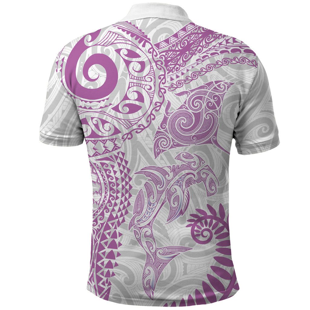 Aotearoa Maori Sea Animals Tribal Polo Shirt Manta Ray and Shark Moko Pattern Pink Color LT03 - Polynesian Pride