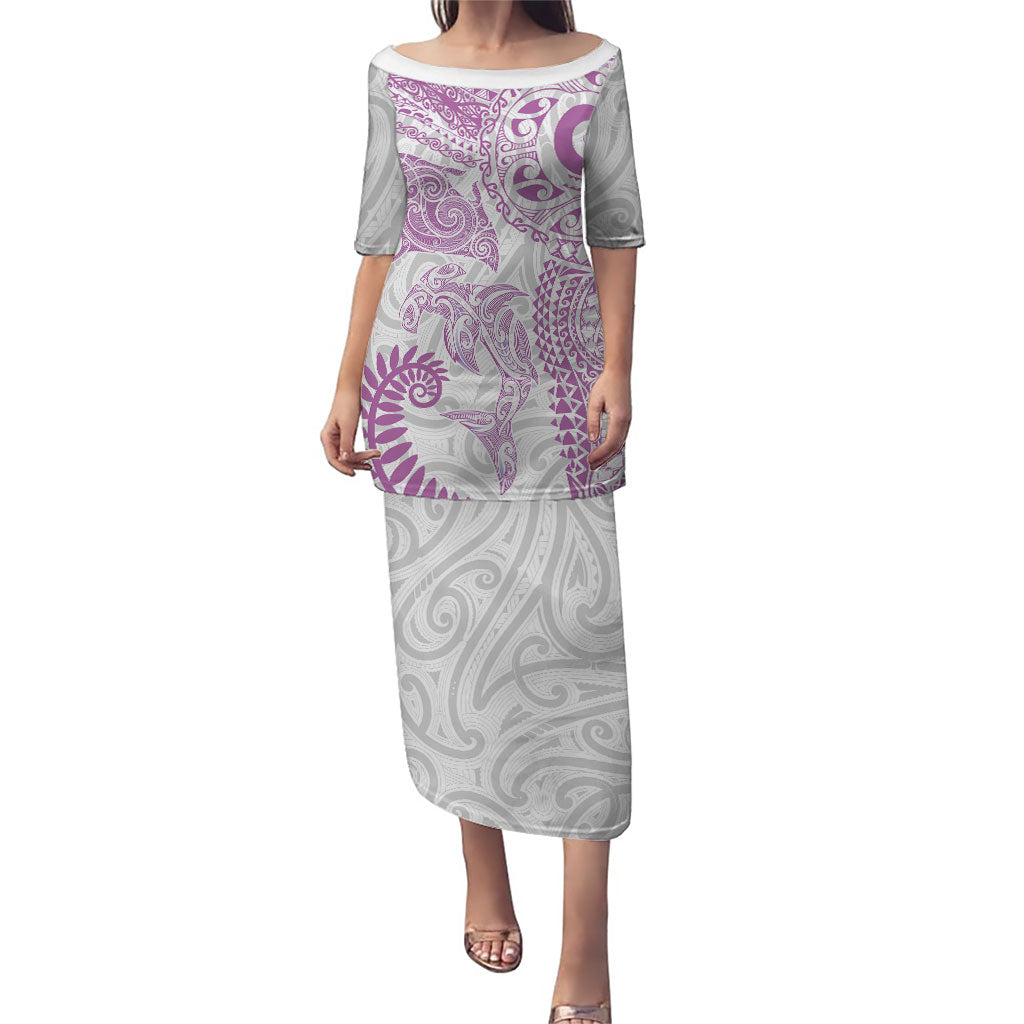 Aotearoa Maori Sea Animals Tribal Puletasi Manta Ray and Shark Moko Pattern Pink Color LT03 Long Dress Pink - Polynesian Pride