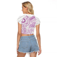 Aotearoa Maori Sea Animals Tribal Raglan Cropped T Shirt Manta Ray and Shark Moko Pattern Pink Color LT03 - Polynesian Pride
