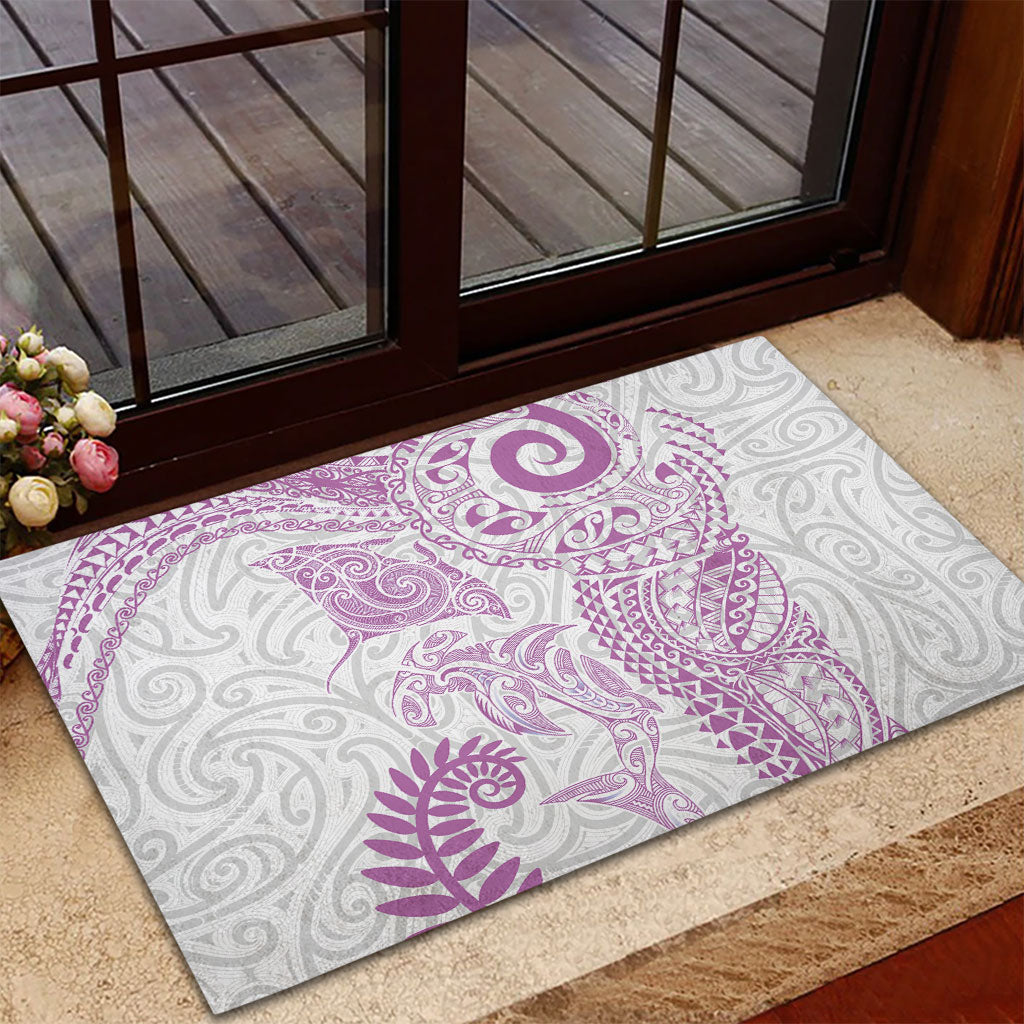 Aotearoa Maori Sea Animals Tribal Rubber Doormat Manta Ray and Shark Moko Pattern Pink Color