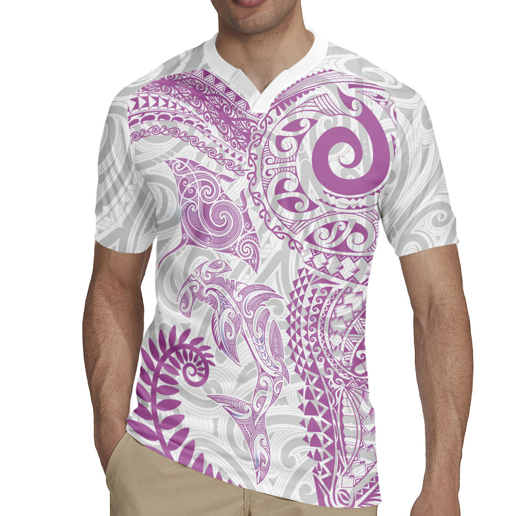 Aotearoa Maori Sea Animals Tribal Rugby Jersey Manta Ray and Shark Moko Pattern Pink Color LT03 - Polynesian Pride