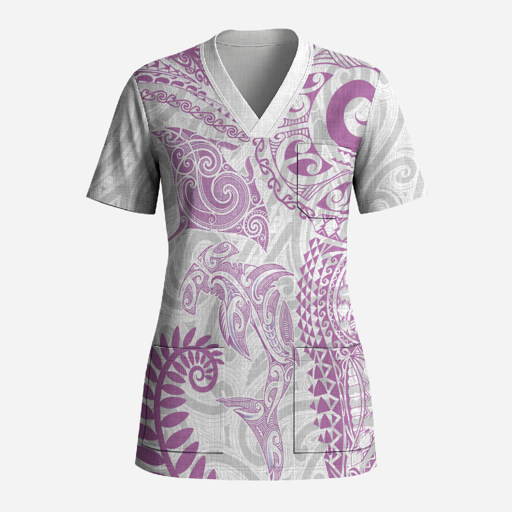 Aotearoa Maori Sea Animals Tribal Scrub Top Manta Ray and Shark Moko Pattern Pink Color LT03 Adult Pink - Polynesian Pride