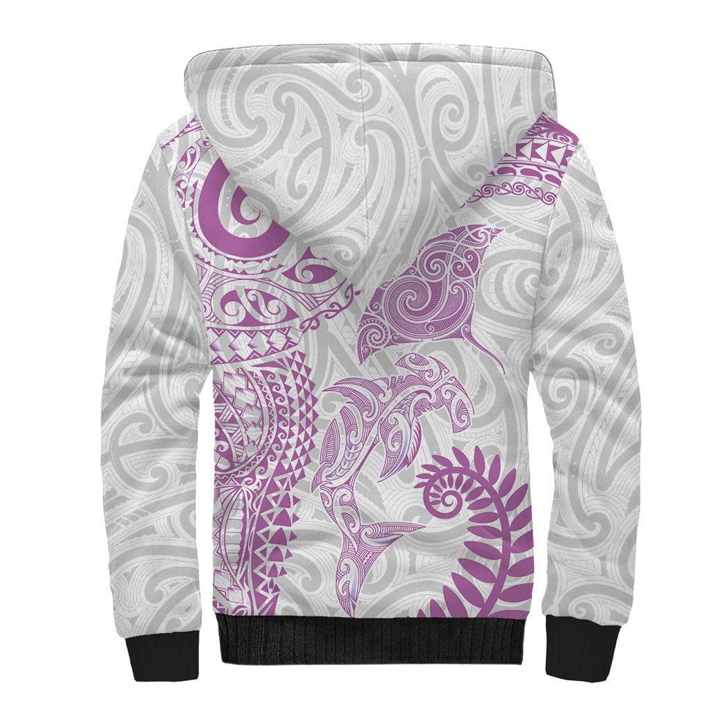 Aotearoa Maori Sea Animals Tribal Sherpa Hoodie Manta Ray and Shark Moko Pattern Pink Color LT03 - Polynesian Pride