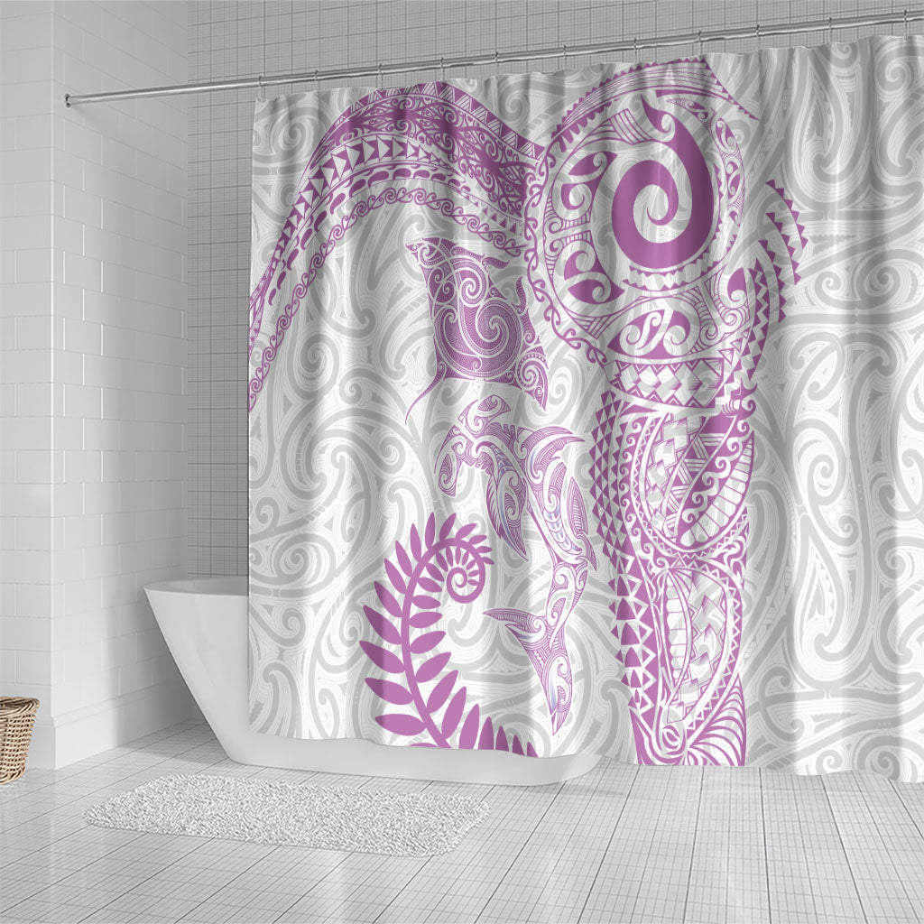 Aotearoa Maori Sea Animals Tribal Shower Curtain Manta Ray and Shark Moko Pattern Pink Color LT03 - Polynesian Pride