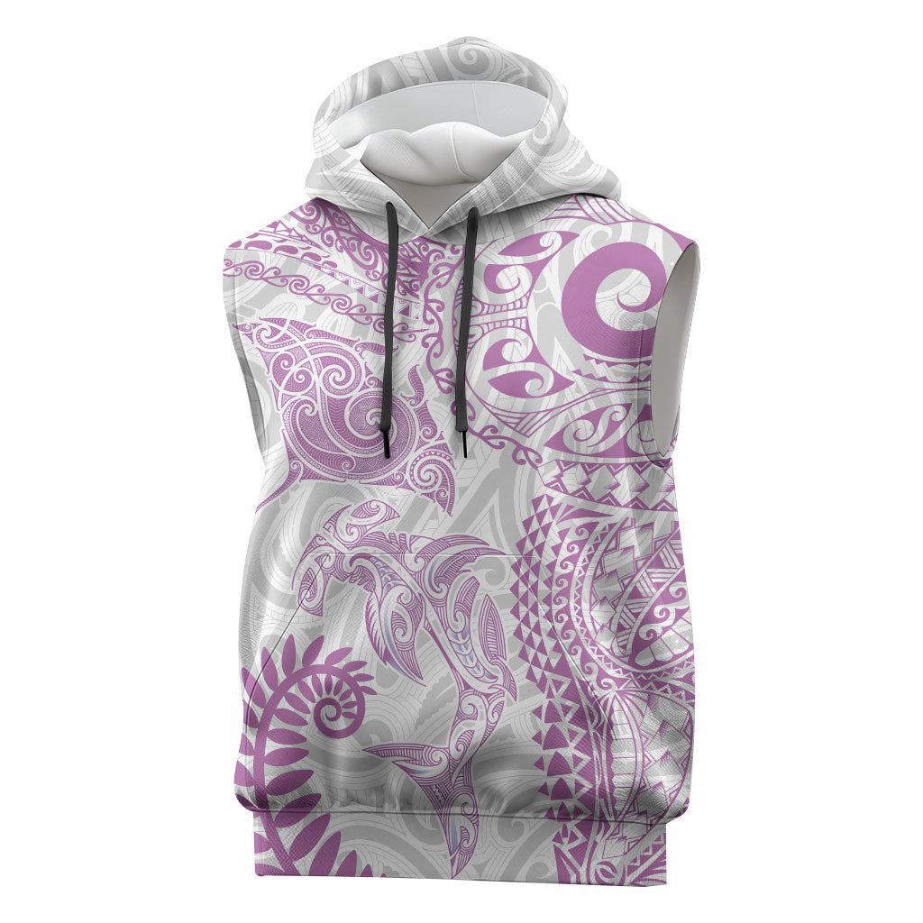 Aotearoa Maori Sea Animals Tribal Sleeveless Hoodie Manta Ray and Shark Moko Pattern Pink Color LT03 Pink - Polynesian Pride
