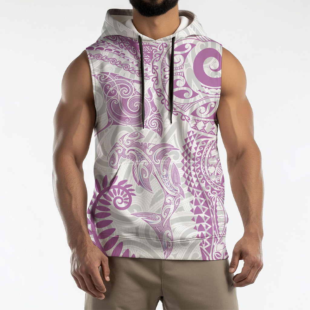 Aotearoa Maori Sea Animals Tribal Sleeveless Hoodie Manta Ray and Shark Moko Pattern Pink Color LT03 - Polynesian Pride