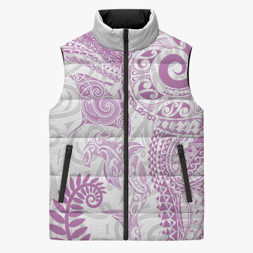 Aotearoa Maori Sea Animals Tribal Sleeveless Puffer Jacket Manta Ray and Shark Moko Pattern Pink Color LT03 Unisex Pink - Polynesian Pride