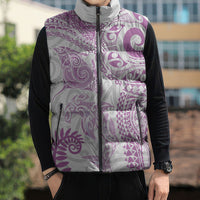 Aotearoa Maori Sea Animals Tribal Sleeveless Puffer Jacket Manta Ray and Shark Moko Pattern Pink Color