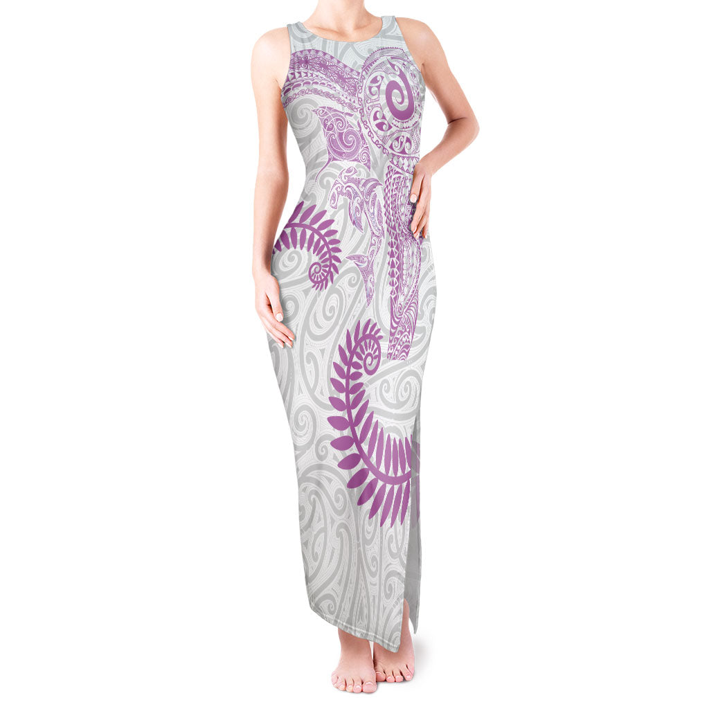 Aotearoa Maori Sea Animals Tribal Tank Maxi Dress Manta Ray and Shark Moko Pattern Pink Color