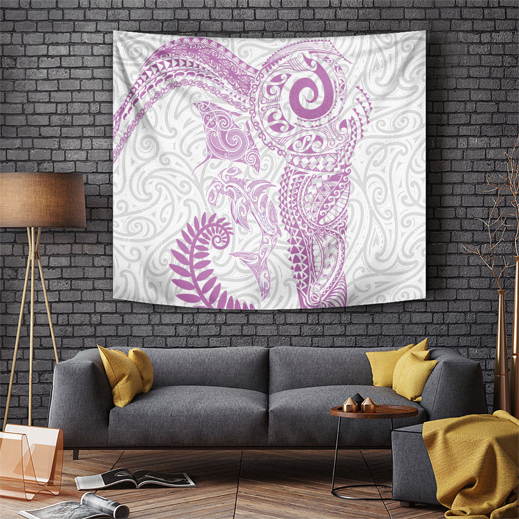 Aotearoa Maori Sea Animals Tribal Tapestry Manta Ray and Shark Moko Pattern Pink Color LT03 Pink - Polynesian Pride