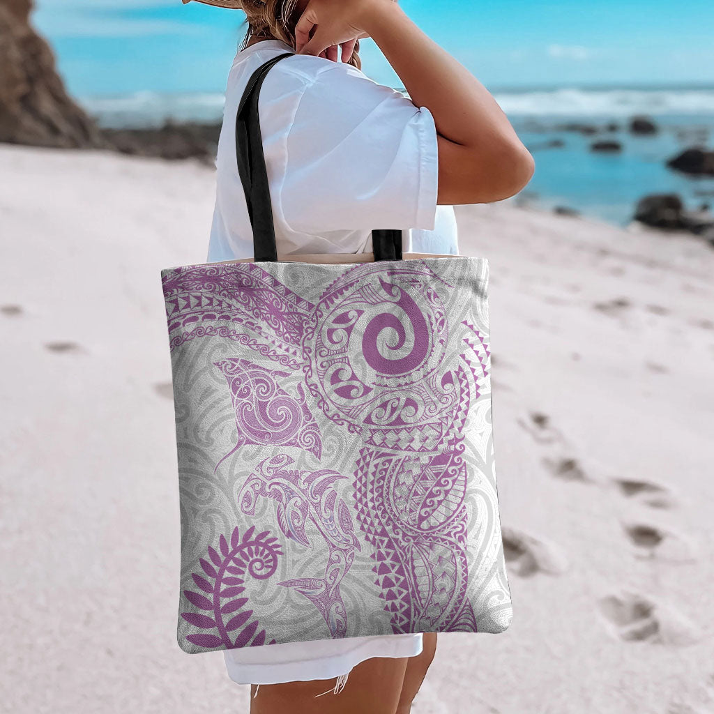 Aotearoa Maori Sea Animals Tribal Tote Bag Manta Ray and Shark Moko Pattern Pink Color LT03 - Polynesian Pride