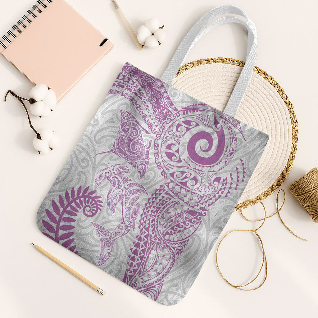 Aotearoa Maori Sea Animals Tribal Tote Bag Manta Ray and Shark Moko Pattern Pink Color LT03 White Strap One Size Pink - Polynesian Pride