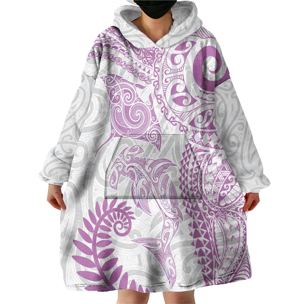 Aotearoa Maori Sea Animals Tribal Wearable Blanket Hoodie Manta Ray and Shark Moko Pattern Pink Color LT03 - Polynesian Pride