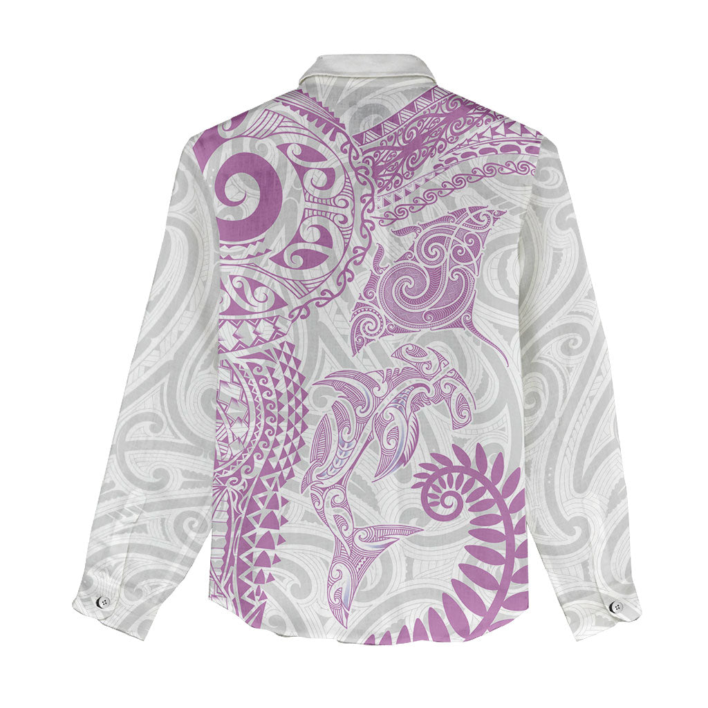 Aotearoa Maori Sea Animals Tribal Women Casual Shirt Manta Ray and Shark Moko Pattern Pink Color LT03 - Polynesian Pride