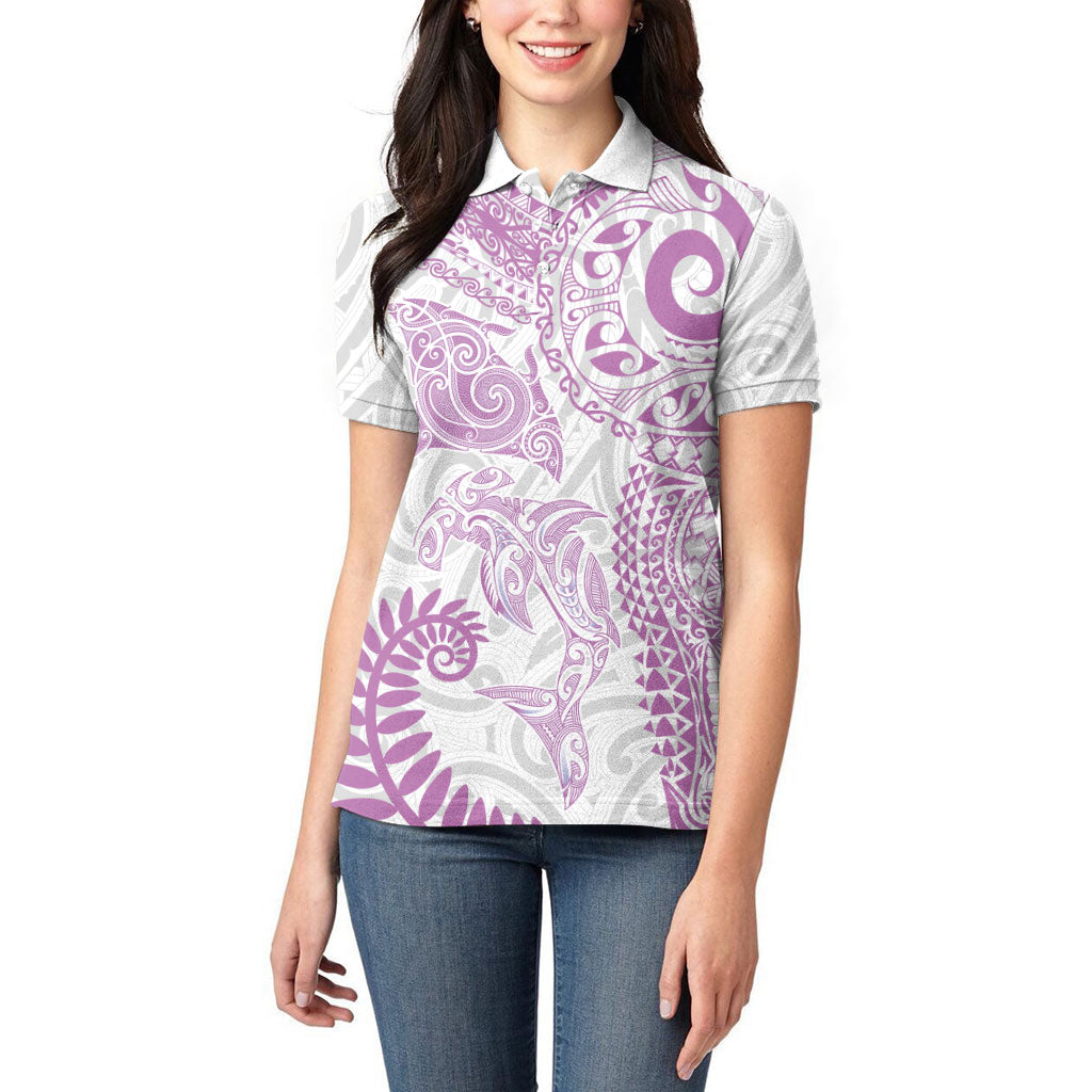Aotearoa Maori Sea Animals Tribal Women Polo Shirt Manta Ray and Shark Moko Pattern Pink Color LT03 - Polynesian Pride