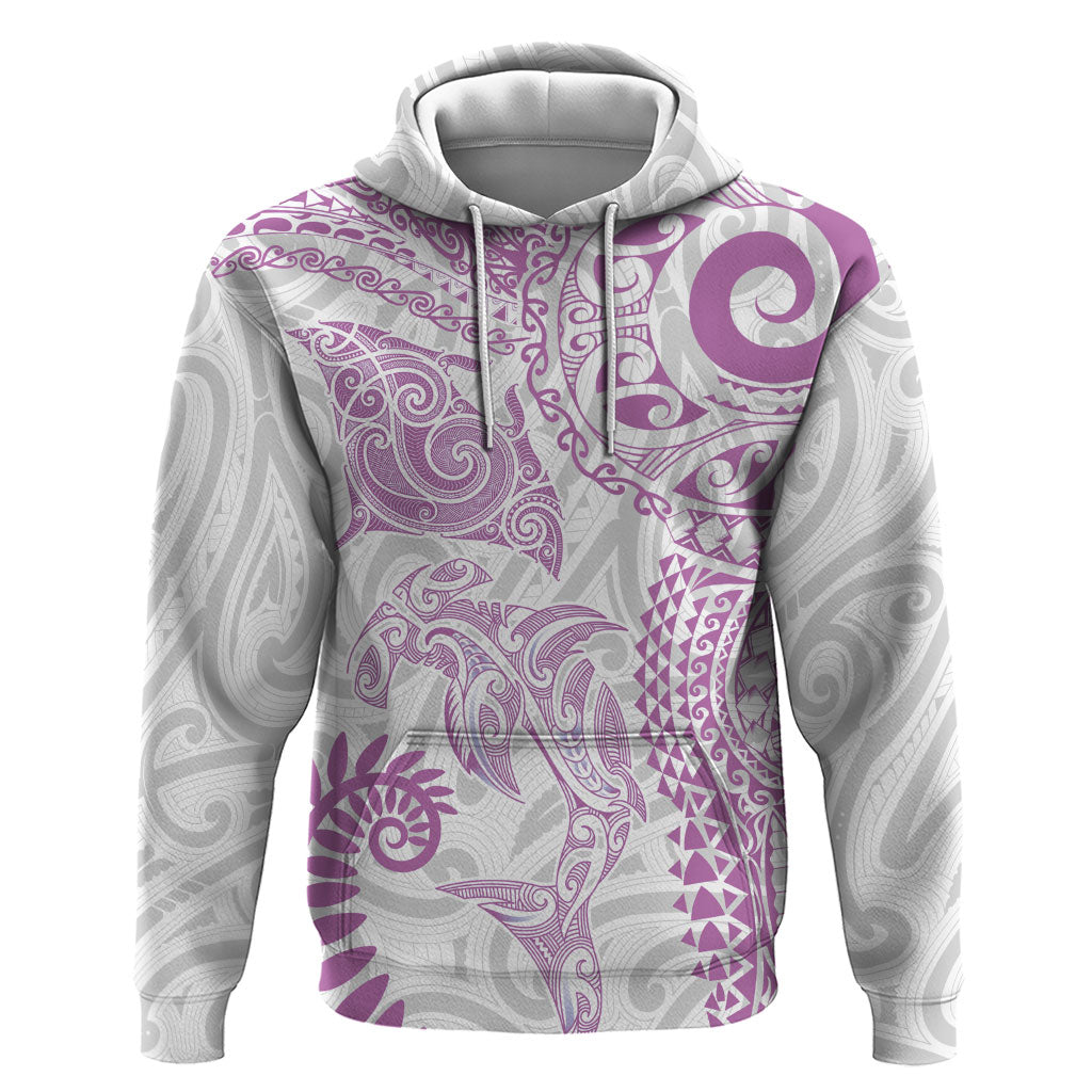 Aotearoa Maori Sea Animals Tribal Zip Hoodie Manta Ray and Shark Moko Pattern Pink Color LT03 Pullover Hoodie Pink - Polynesian Pride