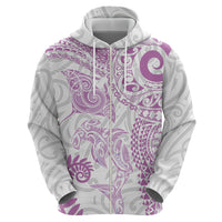 Aotearoa Maori Sea Animals Tribal Zip Hoodie Manta Ray and Shark Moko Pattern Pink Color LT03 - Polynesian Pride