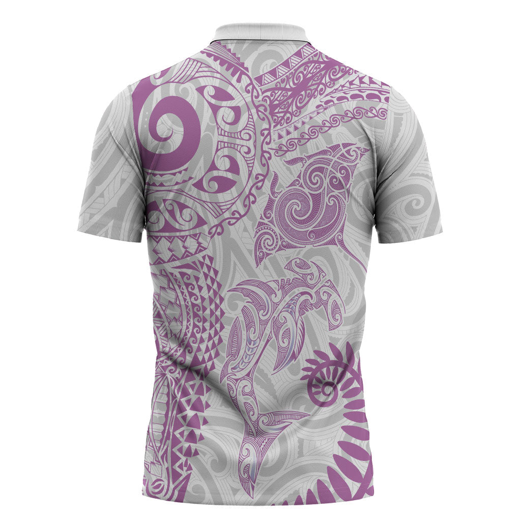 Aotearoa Maori Sea Animals Tribal Zipper Polo Shirt Manta Ray and Shark Moko Pattern Pink Color LT03 - Polynesian Pride