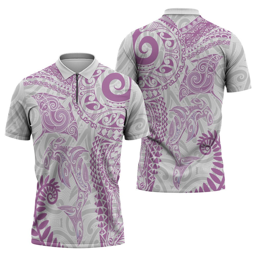 Aotearoa Maori Sea Animals Tribal Zipper Polo Shirt Manta Ray and Shark Moko Pattern Pink Color LT03 - Polynesian Pride