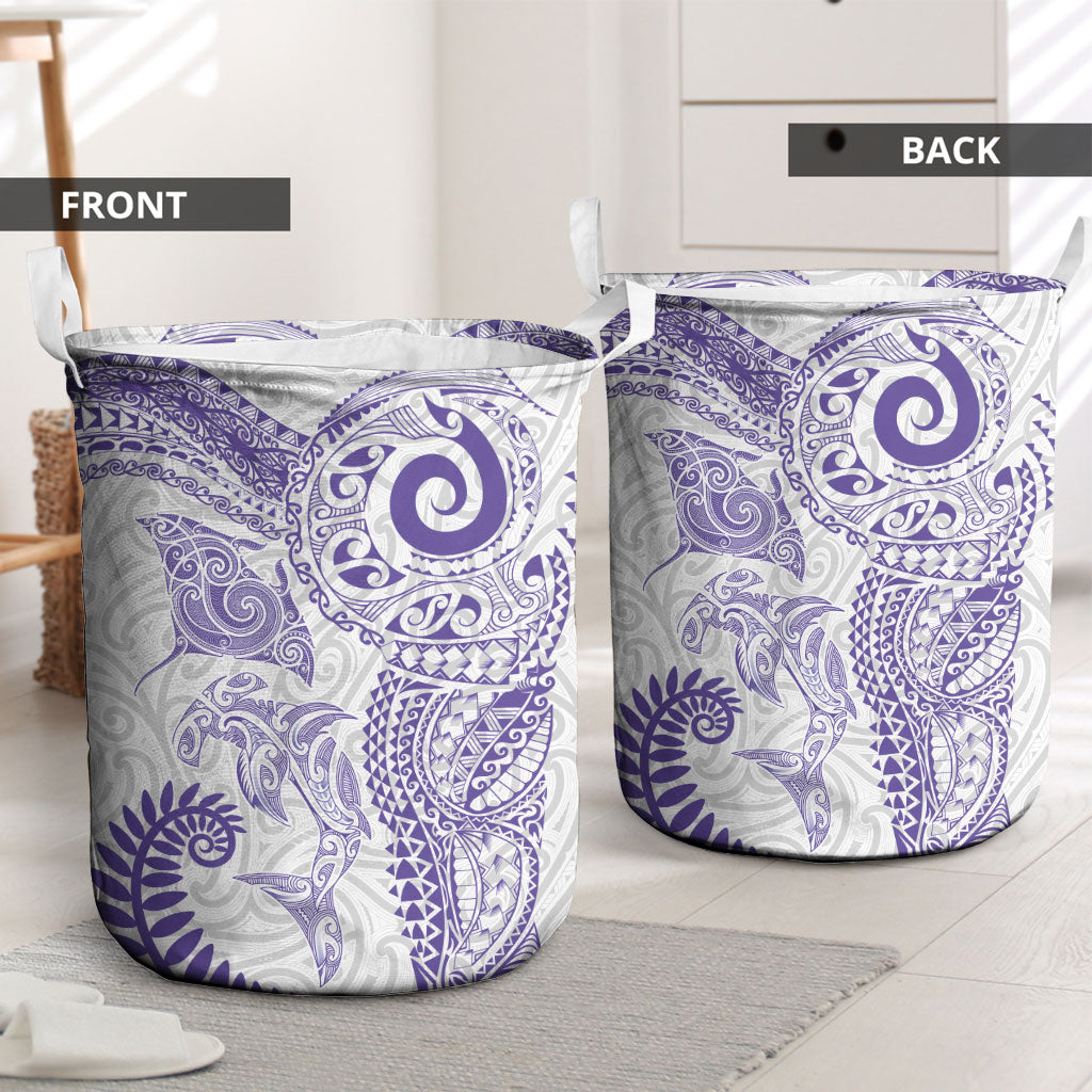 Aotearoa Maori Sea Animals Tribal Laundry Basket Manta Ray and Shark Moko Pattern Purple Color