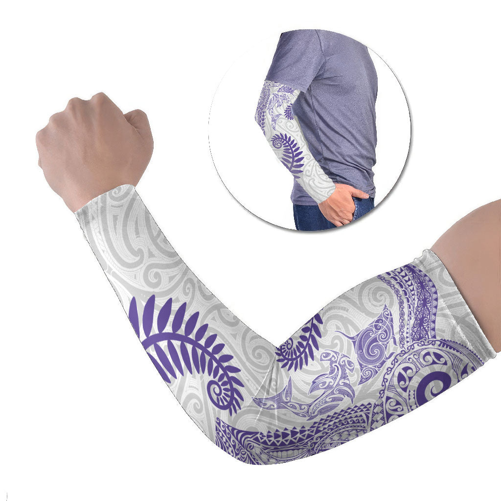 Aotearoa Maori Sea Animals Tribal Arm Sleeves Manta Ray and Shark Moko Pattern Purple Color LT03 Set of 2 Purple - Polynesian Pride