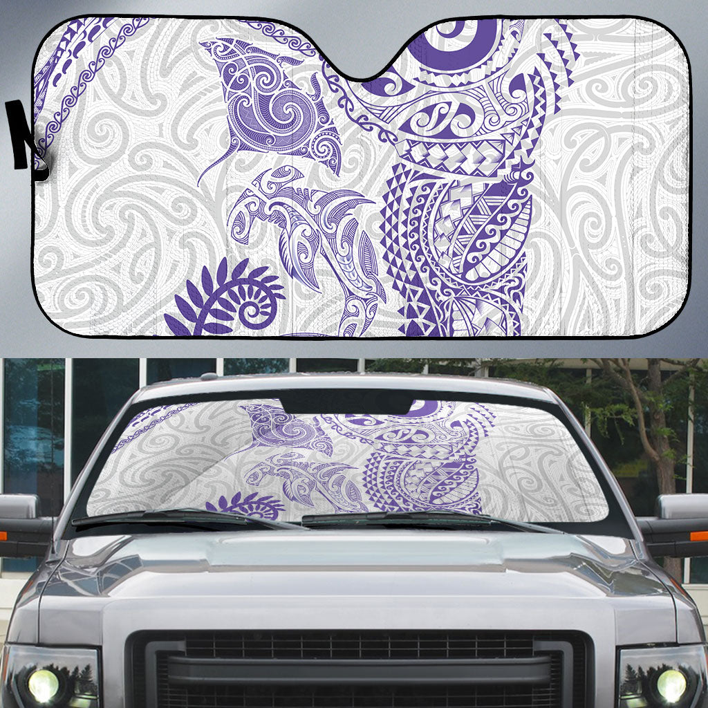 Aotearoa Maori Sea Animals Tribal Auto Sun Shade Manta Ray and Shark Moko Pattern Purple Color LT03 Purple - Polynesian Pride