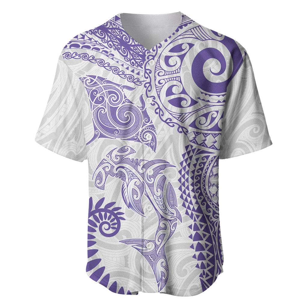 Aotearoa Maori Sea Animals Tribal Baseball Jersey Manta Ray and Shark Moko Pattern Purple Color LT03 Purple - Polynesian Pride