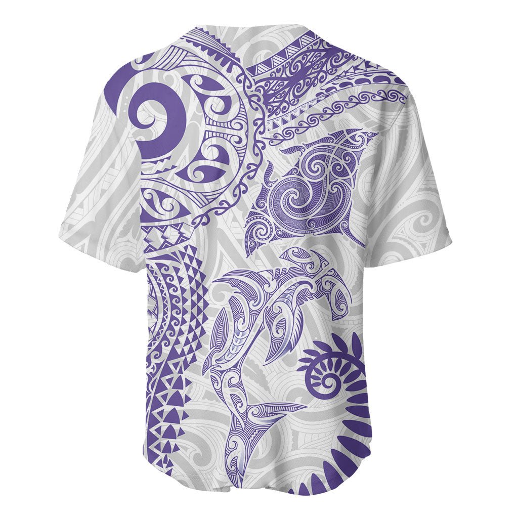 Aotearoa Maori Sea Animals Tribal Baseball Jersey Manta Ray and Shark Moko Pattern Purple Color LT03 - Polynesian Pride