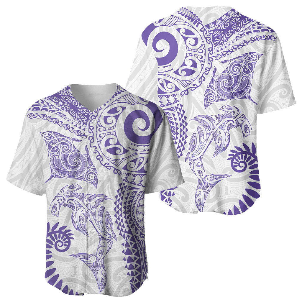 Aotearoa Maori Sea Animals Tribal Baseball Jersey Manta Ray and Shark Moko Pattern Purple Color LT03 - Polynesian Pride