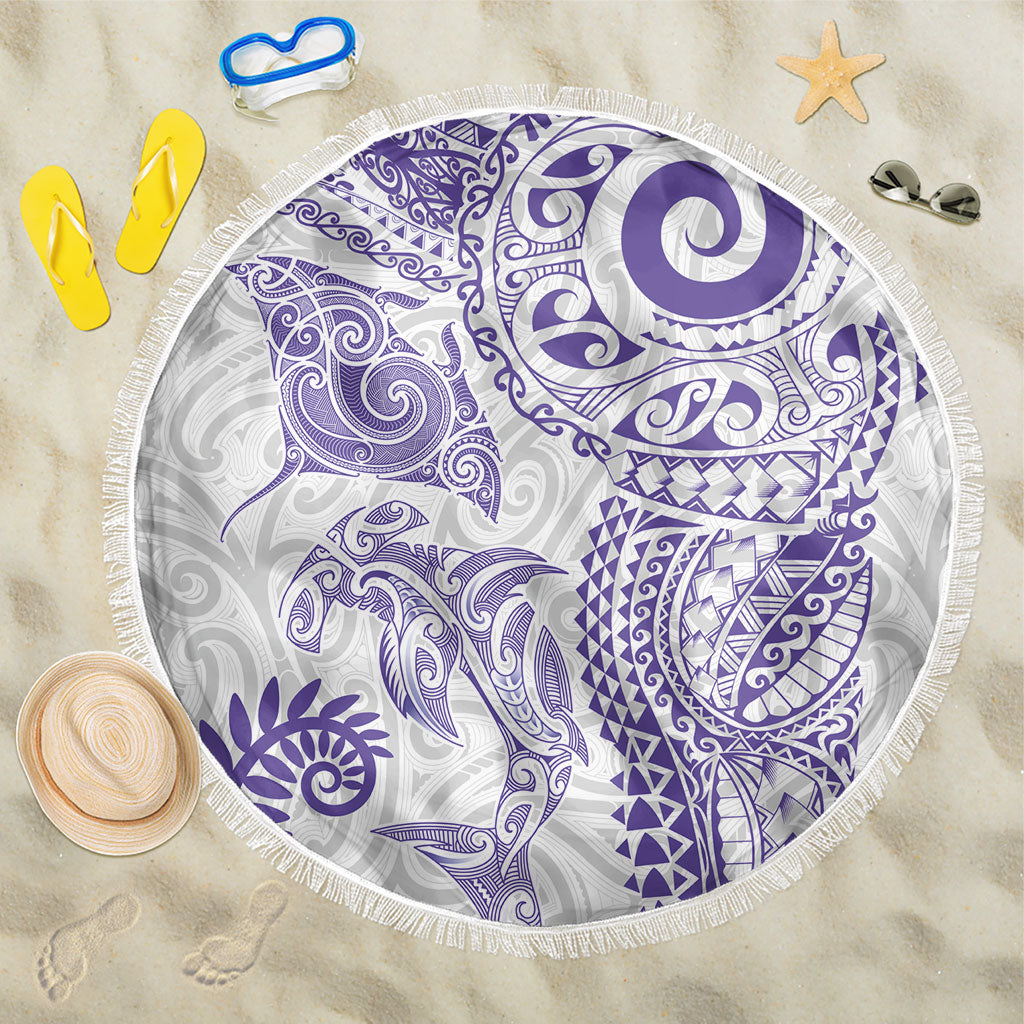 Aotearoa Maori Sea Animals Tribal Beach Blanket Manta Ray and Shark Moko Pattern Purple Color LT03 One Size 150cm Purple - Polynesian Pride