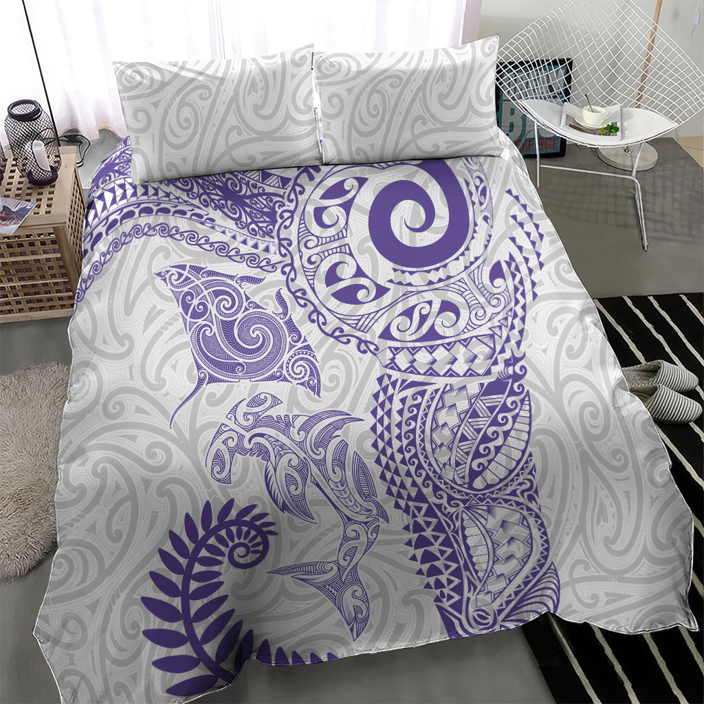 Aotearoa Maori Sea Animals Tribal Bedding Set Manta Ray and Shark Moko Pattern Purple Color