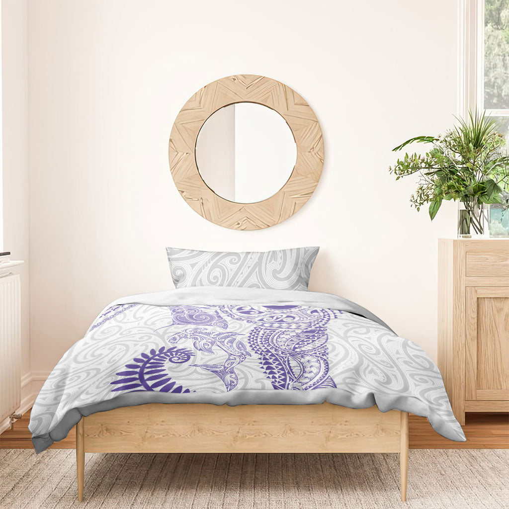 Aotearoa Maori Sea Animals Tribal Bedding Set Manta Ray and Shark Moko Pattern Purple Color