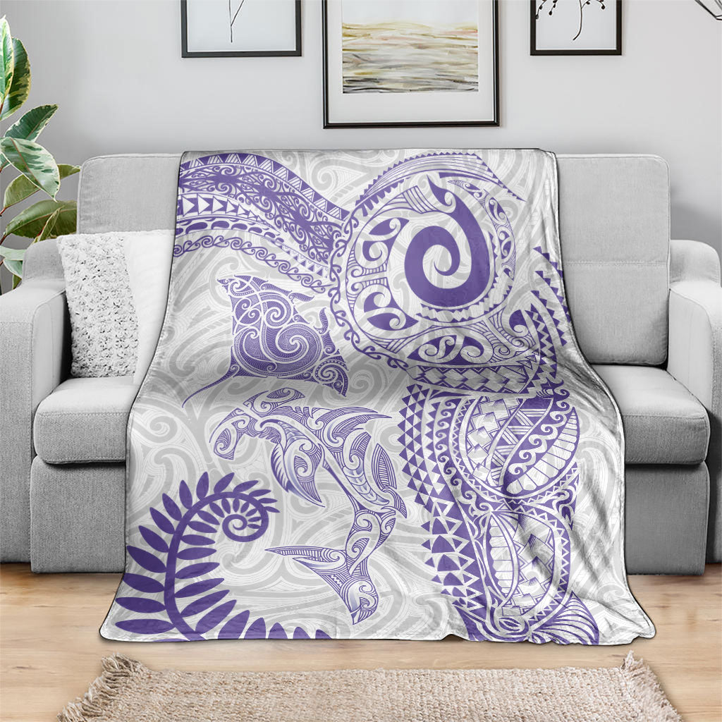 Aotearoa Maori Sea Animals Tribal Blanket Manta Ray and Shark Moko Pattern Purple Color