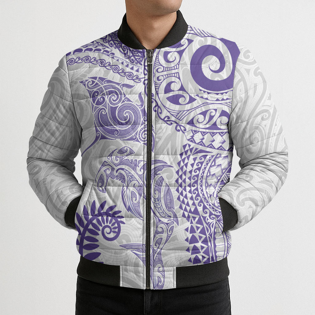Aotearoa Maori Sea Animals Tribal Bomber Puffer Jacket Manta Ray and Shark Moko Pattern Purple Color