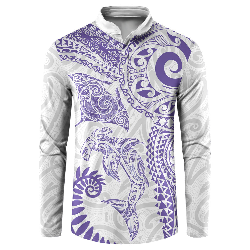 Aotearoa Maori Sea Animals Tribal Button Sweatshirt Manta Ray and Shark Moko Pattern Purple Color LT03 Purple - Polynesian Pride