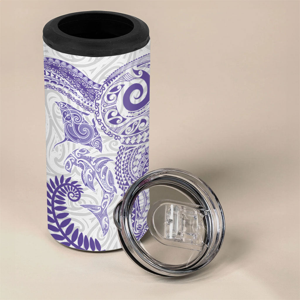 Aotearoa Maori Sea Animals Tribal 4 in 1 Can Cooler Tumbler Manta Ray and Shark Moko Pattern Purple Color LT03 - Polynesian Pride